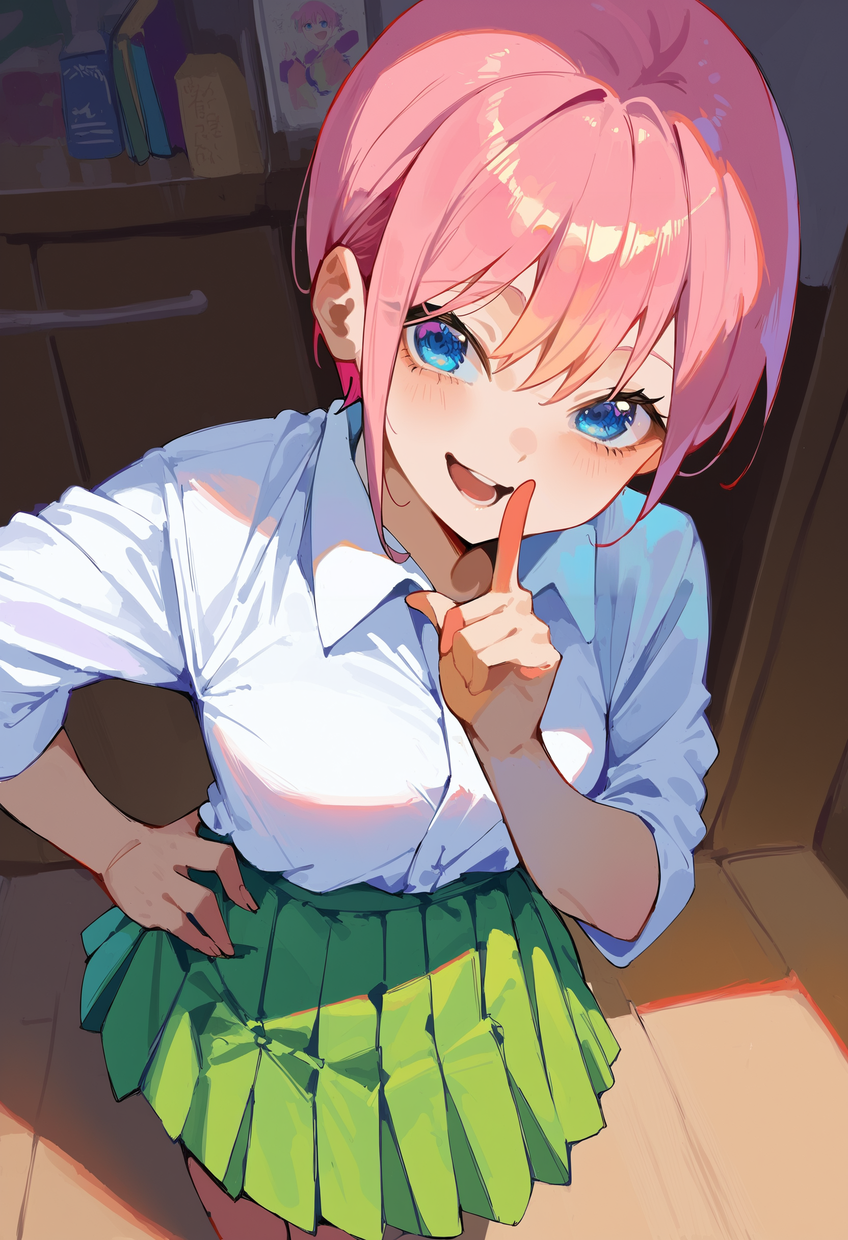 score_9, score_8_up, score_7_up, score_6_up, source anime,
akihcipnxl, nakano ichika, 1girl, pink hair, blue eyes, index finger raised, hand on own hip, 
green pleated skirt, white shirt, collared shirt, indoors, smile, open mouth, from above,
masterpiece, best quality, very aesthetic, absurdres
<lora:quintessential_quintuplets:1>