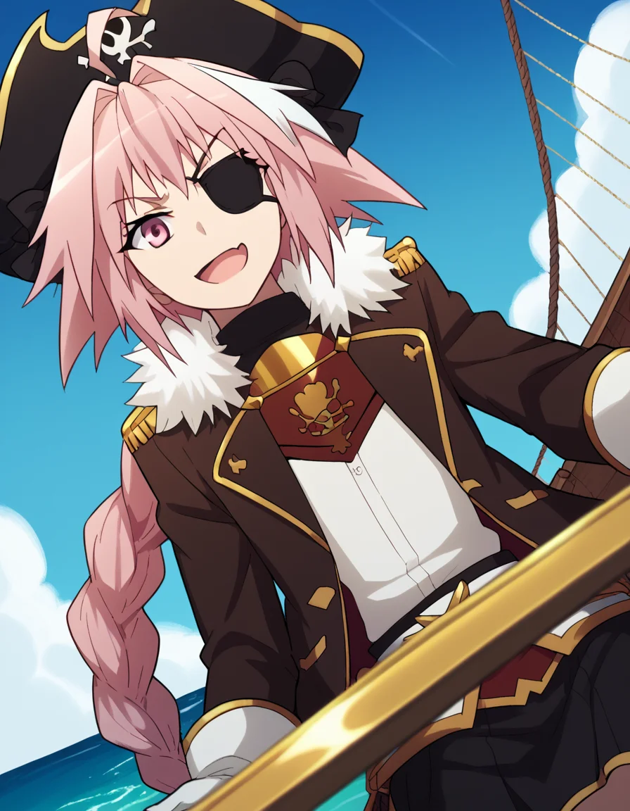 score_9, score_8_up, score_7_up, source_anime, <lora:astolfo-apocrypha-s1-ponyxl-lora-nochekaiser:1>, astolfo, long hair, pink eyes, hair ribbon, pink hair, braid, ahoge, white hair, male focus, multicolored hair, streaked hair, single braid, otoko no ko, long braid,, <lora:pirate-costume-ponyxl-lora-nochekaiser:1>, pirate costume, pirate hat, skirt, gloves, jacket, shirt, eyepatch,, blue sky, sea, ocean, pirate ship, treasure, gold, smug, open mouth, from below, sitting,, , dutch angle, cowboy shot