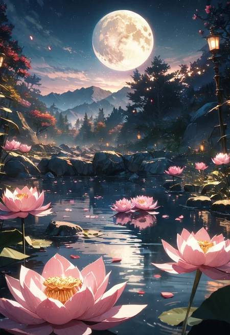cinematic, (masterpiece), (best quality), (ultra-detailed), very aesthetic, illustration, perfect composition, intricate details, absurdres, (anime, masterpiece, intricate:1.3), (best quality, hires textures, high detail:1.2), (4k),(incredibly detailed:1.4)
hot spring, mist, rocks, Peony, glittery mist, moonlight, sky, lots of stars in the sky, water reflections of the night sky, lotus floating on water with candle, flower petals in the water, moon in the sky, Anime art style, <lora:more_details:0.5>