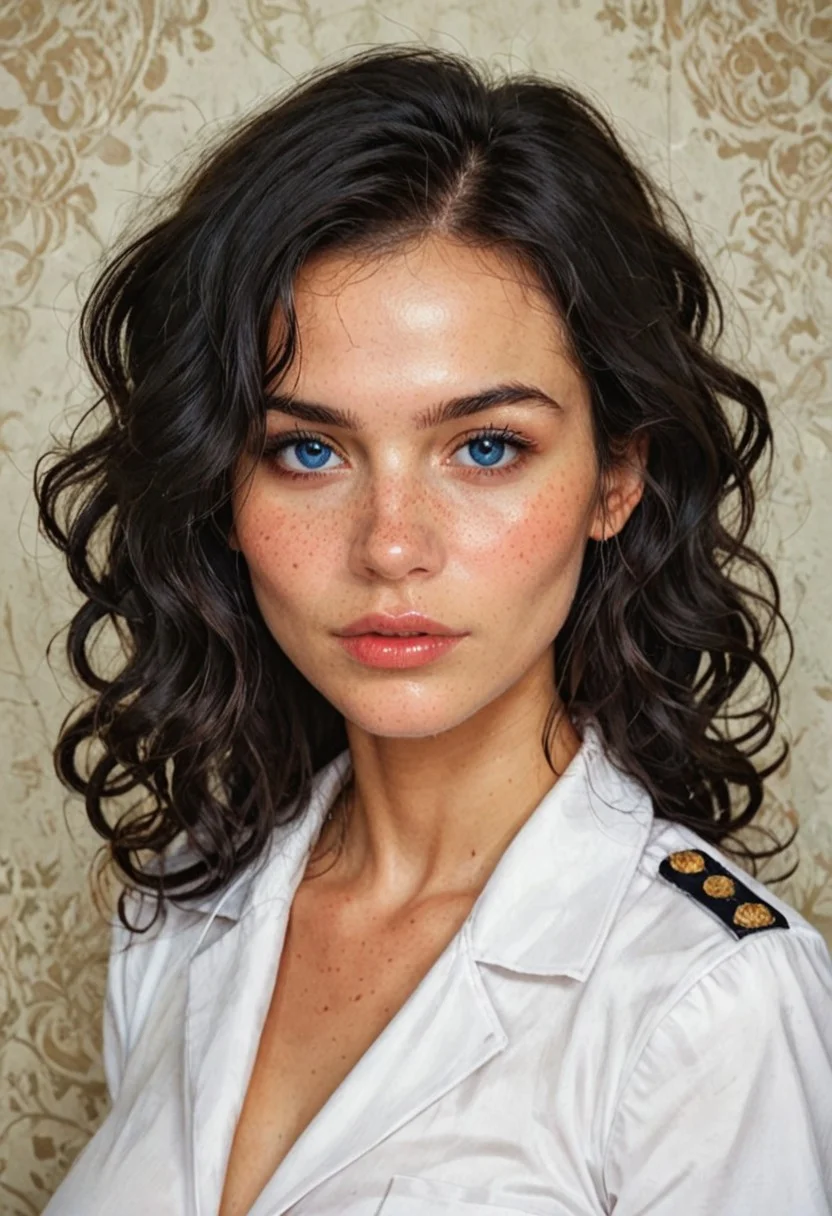 score_9, score_8_up, score_8_up, raw, 1girl, blue eyes, wavy hair, large breasts,beautiful woman ,SajaniDG,,black hair ,seductive,white Navy uniform , (masterpiece) (best quality) (detailed) (8k) (HDR) (wallpaper) (cinematic lig,oil paintinghting) (sharp,zPDXL3 focus) (intricate)