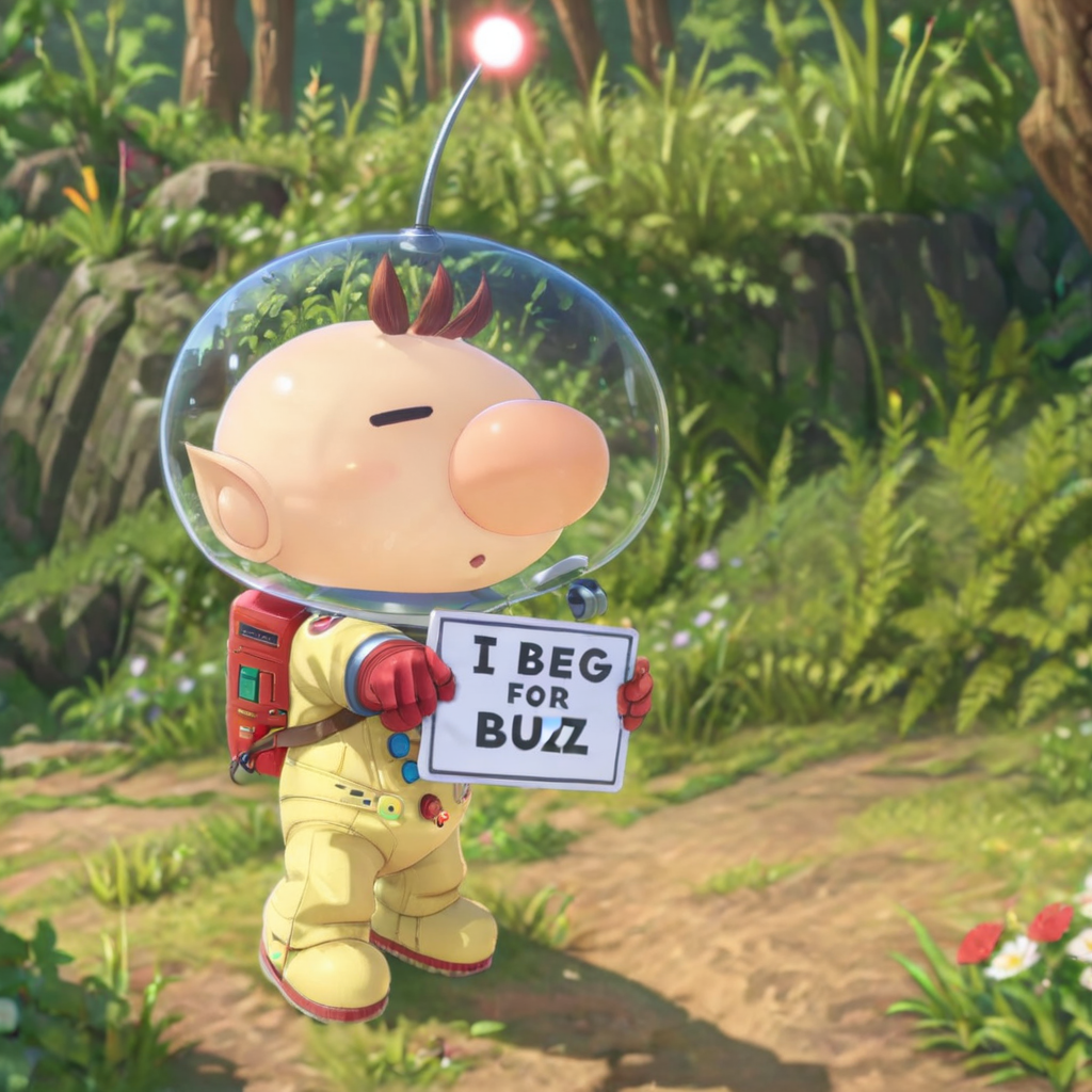 pikminolimarxl Holding a sign that says "I beg for BUZZ", <lora:texta:0.9> <lora:PikminOlimarXL:0.7> , (anime, masterpiece, intricate:1.3), (best quality, hires textures, high detail:1.2), (4k),(incredibly detailed:1.4),UHD, 8K, ultra detailed