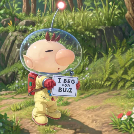 pikminolimarxl Holding a sign that says "I beg for BUZZ", <lora:texta:0.9> <lora:PikminOlimarXL:0.7> , (anime, masterpiece, intricate:1.3), (best quality, hires textures, high detail:1.2), (4k),(incredibly detailed:1.4),UHD, 8K, ultra detailed