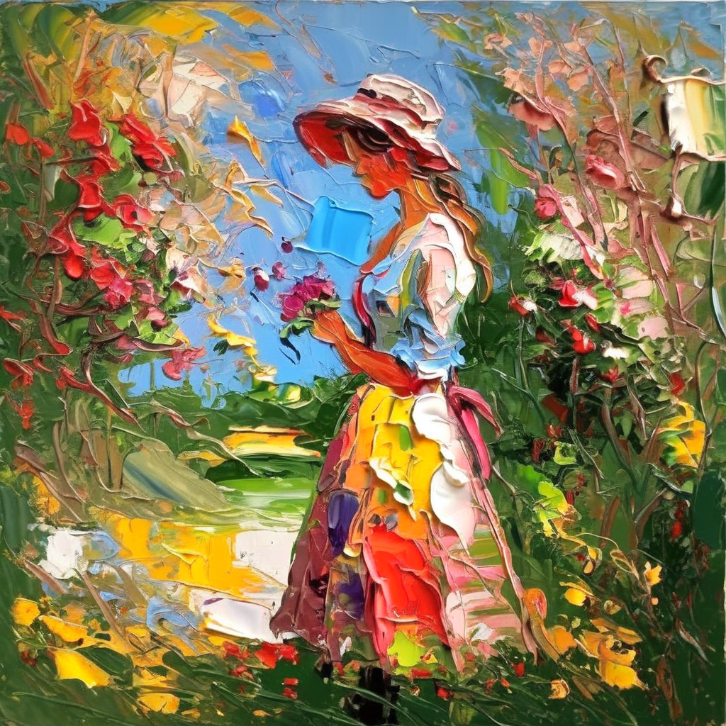 impasto girl  in garden<lora:impasto:1>