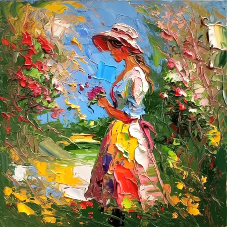 impasto girl in garden<lora:impasto:1>