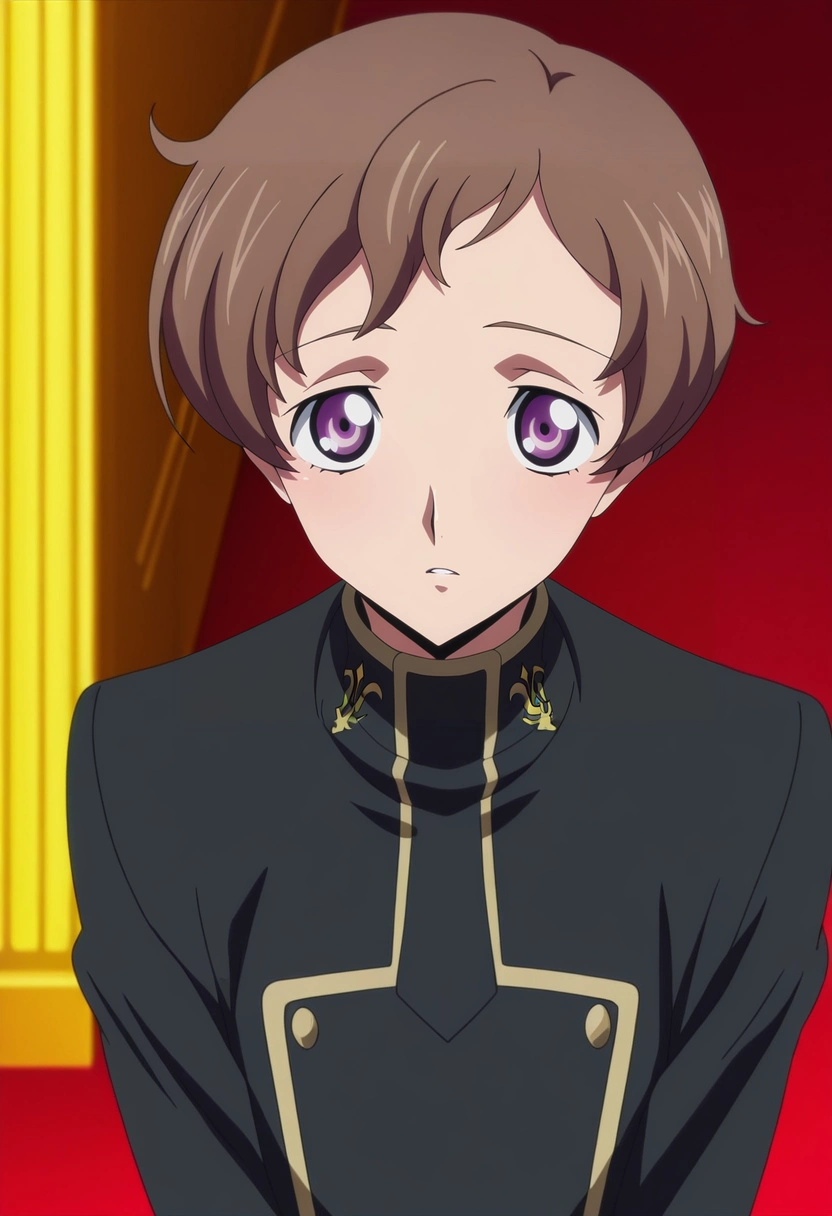 masterpiece, best quality, , anime screencap, anime coloring, official style,, 1boy, solo, male focus, <lora:rolo_lamperouge_ilxl:1>, rolo_lamperouge, brown hair, purple eyes, short hair, aged up, ashford academy school uniform,