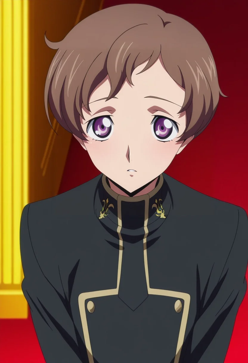 masterpiece, best quality, , anime screencap, anime coloring, official style,, 1boy, solo, male focus, <lora:rolo_lamperouge_ilxl:1>, rolo_lamperouge, brown hair, purple eyes, short hair, aged up, ashford academy school uniform,