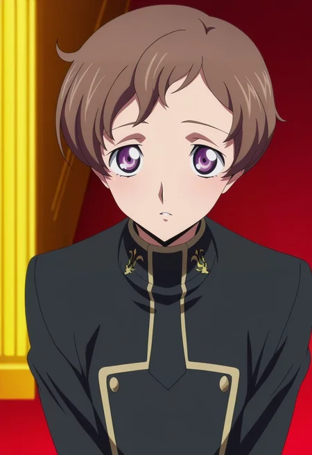 masterpiece, best quality, , anime screencap, anime coloring, official style,, 1boy, solo, male focus, <lora:rolo_lamperouge_ilxl:1>, rolo_lamperouge, brown hair, purple eyes, short hair, aged up, ashford academy school uniform,