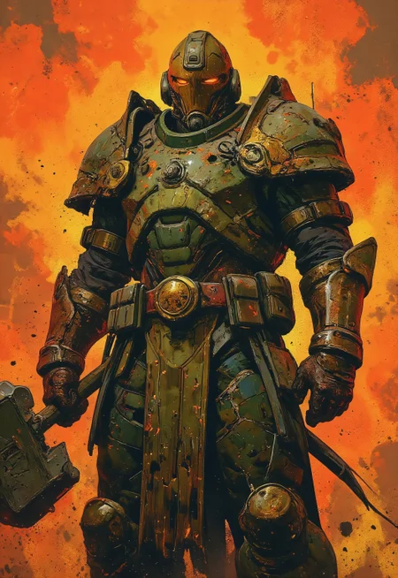 A powerful armored warrior in a green and gold battle-worn suit, holding a massive hammer. The style is a mix of neo-expressionism and comic book aesthetics, with bold brushstrokes, high contrast shading, and a limited yet vibrant color palette. The background is fiery orange, giving a dramatic, high-energy atmosphere. The texture of the armor appears rough and weathered, with scratches and chipped paint, 