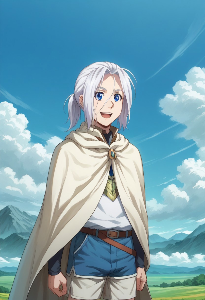 score_9, score_8_up, score_7_up, source_anime, highly detailed, 
arslan, 1boy, male focus, solo, smile, open mouth, shorts, white hair, blue eyes, upper body, cape, ponytail,
outdoor, mountains, sky, clouds, wind,