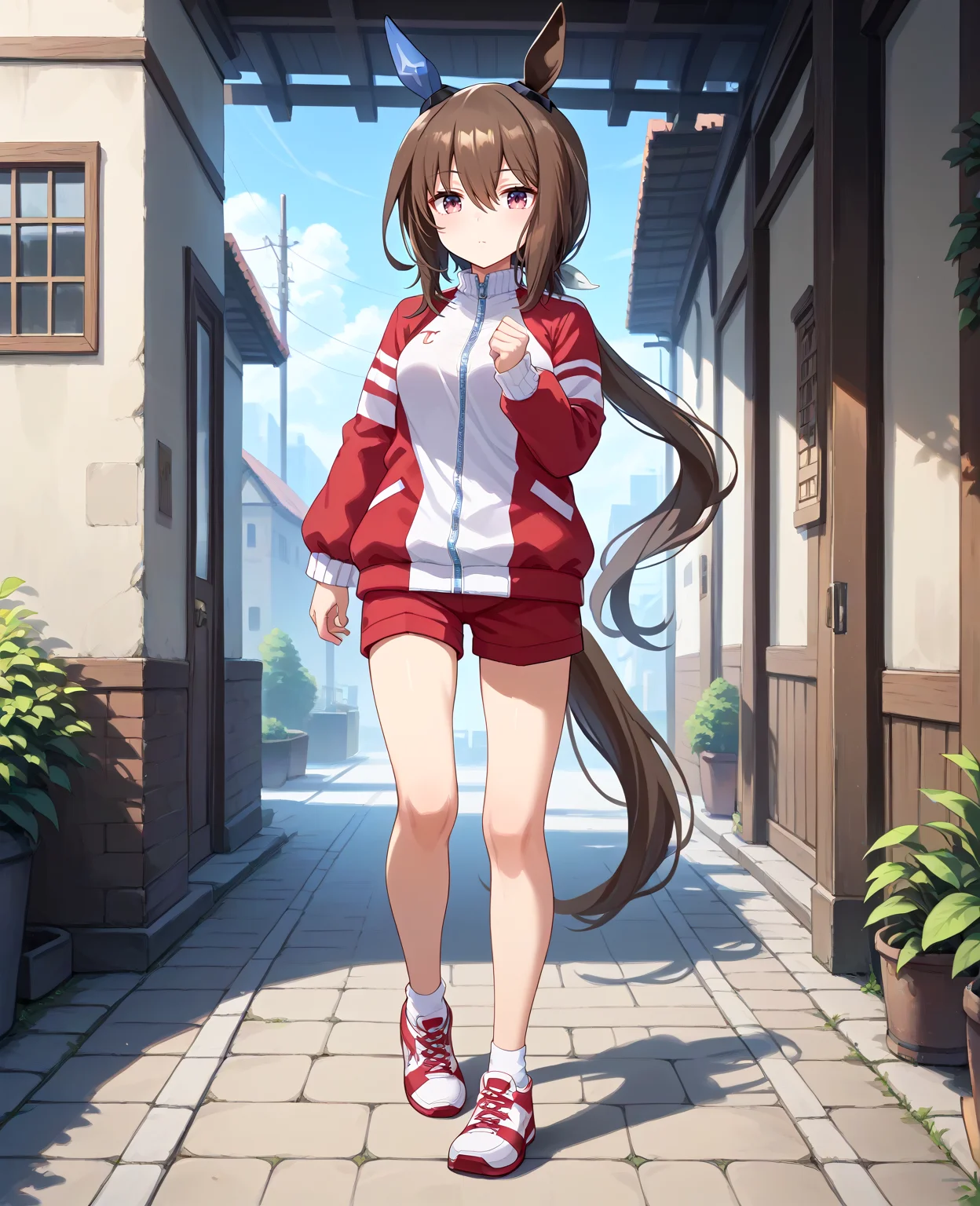 score_9, score_8_up, score_7_up, 1girl, (looking at viewer:1.2), (closed mouth:0.6), , , , (running:1.4),, (full body:1.2),
admire vega \(umamusume\), <lora:pony_admire_vega_v1.02:1>, horse ears, horse tail, hair between eyes, low ponytail, single ear cover,
<lora:_sdxl-um-tracenjersey-pony:0.6>, red jacket, track jacket, , tracenjerseypants, red short pants,
,