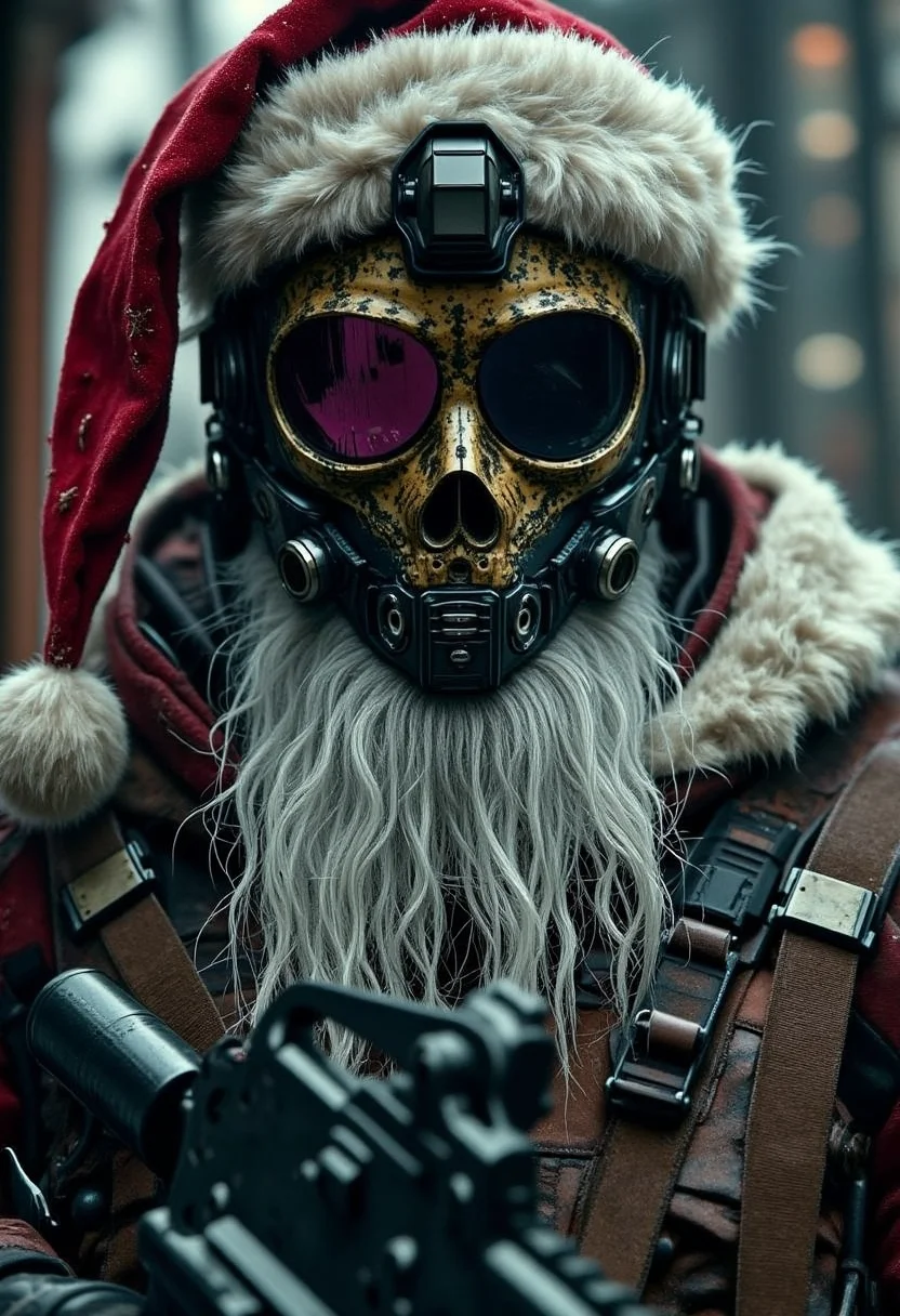 yfg-f@ce, Cinematic still. Santa wearing tactical gear, skull gas mask, armor, holding weapon, Christmas, action, white long beard . emotional, harmonious, vignette, 4k epic detailed, shot on Kodak, 35mm photo, sharp focus, high budget, CinemaScope, moody, epic, gorgeous, film grain, grainy, D34THSQU4D, santa wearing tactical gear, skull gas mask, armor, holding weapon, Christmas, action, white long beard, highly detailed, cinematic, focused, perfect composition, dramatic light, beautiful background, sharp focus, elegant, amazing, symmetry, intricate, stunning, gorgeous, futuristic, epic, modern, designed, professional, creative.