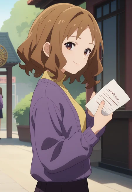score_9, score_8_up, score_7_up, anime screencap, source_anime, 1girl, solo,
<lora:Konami_Amanatsu_Makeine_V1:.85>, KJOkonami, brown hair, dark eyes, medium hair, 
purple sweater, skirt, yellow shirt, 
holding paper, smile, from side, looking at viewer, 
courtyard, outdoors, day, 
(Beautiful, small Breasts:1.2),