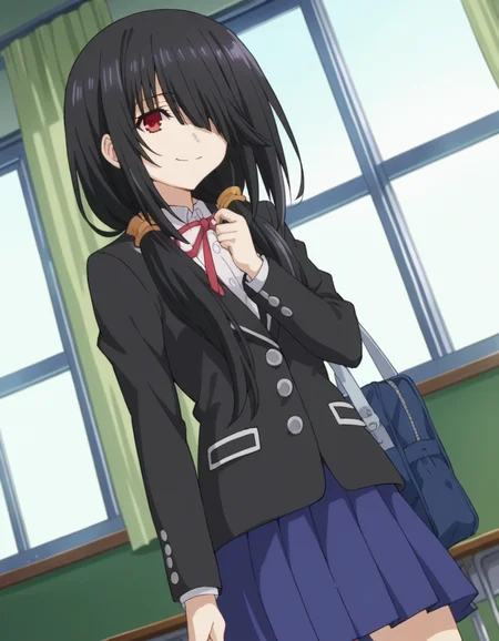 score_9, score_8_up, score_7_up, source_anime,
kurumitokisaki, <lora:kurumi-tokisaki-ponyxl-lora-nochekaiser:1>,
kurumi tokisaki school uniform, tokisaki kurumi, long hair, skirt, black hair, red eyes, long sleeves, ribbon, school uniform, jacket, pleated skirt, bag, hair over one eye, blue skirt, blazer, school bag, black blazer,
indoors, classroom, smile,
looking at viewer, cowboy shot, dutch angle,