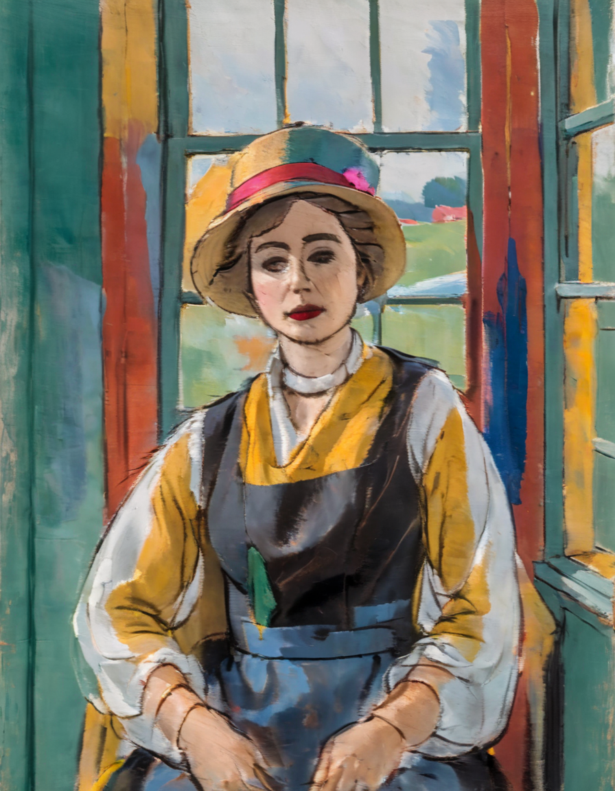 <lora:m4t1:1>m4t1 woman sitting wearing hat by window, thick paint strokes, vibrant