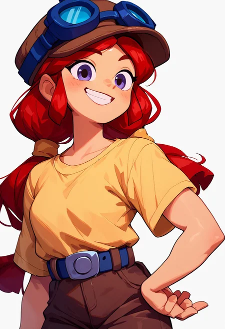 score_9, score_8_up, score_7_up, score_6_up, innocent and alluring, masterpiece, best quality, highly detailed, high contrast, detailed skin, 1girl, cute, bsjessie, red hair, pigtails, hat, goggles on headwear, yellow shirt, brown pants, belt, smile, white background, film grain