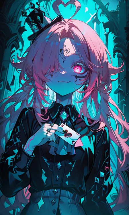 masterpiece,best quality,absurdres,very aesthetic,very awa,highres,newest,year 2024,year 2023,<lora:NLSTN-IL_1412568:1>,nlstn,glowing,dark,<lora:illustrious_quality_modifiers_masterpieces_v1_956369:0.7>,<lora:ponyv4_noob1_2_adamW-000017:0.7>,<lora:spo_sdxl_10ep_4k-data_lora_webui:0.6>,<lora:add-detail-xl:0.9>,<lora:KonyaKarasue-000008:0.4>,<lora:Isha_Illus_XL_1131795:0.6>,ishaILXL,heart ahoge,pink eyes,skinny,multicolored hair,white hair,pink hair,24 yo,24 year old girl,(white eyelashes:1.2),dynamic background,detailed,womb tattoo,dynamic_angle,flat chest,looking at viewer,facial mark,
masterpiece,best quality,amazing quality,highres,1girl,solo,long hair,looking at viewer,smile,shirt,long sleeves,hat,holding,closed mouth,jewelry,upper body,earrings,collared shirt,hand up,nail polish,hair over one eye,black shirt,fingernails,ascot,makeup,facial mark,ring,black nails,gem,brooch,one eye covered,top hat,blue theme,mini hat,card,dark,tilted headwear,playing card,diamond \(shape\),holding card,spade \(shape\),aqua theme,ace \(playing card\),club \(shape\),diamond \(gemstone\),ace of spades,GTHAN,glowing,xxx667_illu,