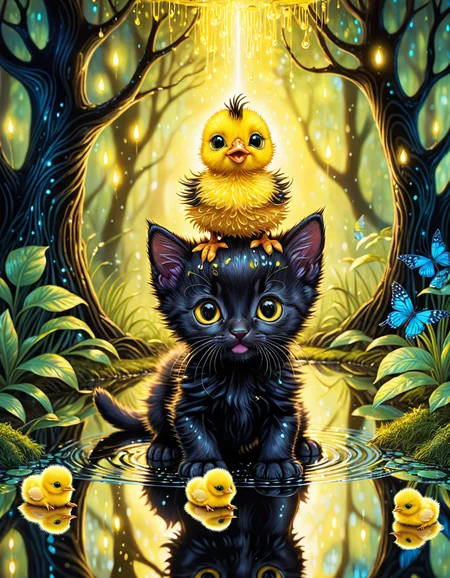 crayon artwork, sweet black kitten, intricate composition, high complexity, beautiful reflection, puddle, glowing light, cute yellow chick on top of kitten's head, enchanted forest, detailed textures, highly detailed, professional quality