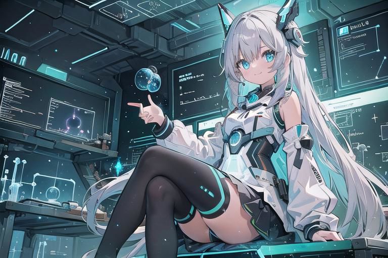 (masterpiece), (science fiction:1.4), 1girl, sitting, smile, silver hair, aqua eyes, headgear, long sleeves, detached sleeves, glowing energy clothing, light particles