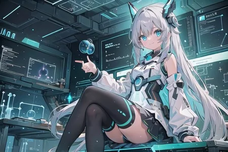 (masterpiece), (science fiction:1.4), 1girl, sitting, smile, silver hair, aqua eyes, headgear, long sleeves, detached sleeves, glowing energy clothing, light particles