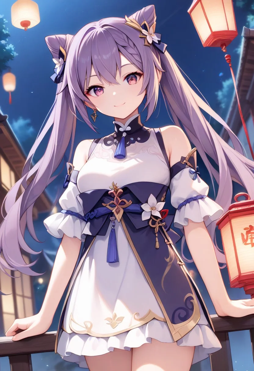 score_9, score_8_up, score_7_up, source_anime, best quality, masterpiece, 1girl, solo, smile. dutch angle, outdoors, night, Chinese lantern,
keqingcs, purple hair, cone hair bun, purple eyes, long hair, double bun, braid, twintails,