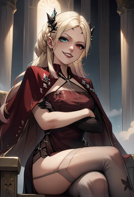 score_9,score_8_up,score_7_up, <lora:eireneptn-ponyxl-beta4-alt-12:1>, EirenePTN, platinum blonde hair, long hair, braided bun, gradient hair, black hair ornament, forehead mark, makeup, halterneck, sleeveless red dress, see-through, red cape, single elbow glove, black glove, mature female, nose, lips, garter straps, grey thighhighs, thighs, side slit, sitting, throne, indoors, crossed arms, arms under breasts, leaning back, crossed legs, smug, grin, from below, three-quarter portrait, underlighting, hips, looking down at viewer, heterochromia,