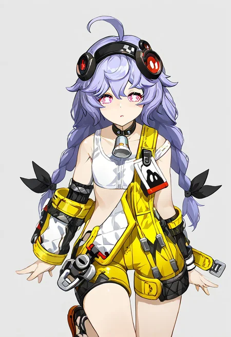 score_9, score_8_up, score_7_up, score_6_up, score_5_up, score_4_up, source_anime, solo, 1girl,
mhk,shorts yellow, bright pupils, twintails, black bow, bare shoulders, headphones, white pupils, +_+, pink eyes, wristband, flip-flops, id card, black choker, light purple hair, sports bra, sleeveless, white tank top, , low twintails hair ribbon,, red eyes, toeless footwear, arm warmers, multicolored eyes, neck bell, headset, overalls, jacket, hairband, single braid, black hairband,
masterpiece, best quality, very aesthetic, absurdres,