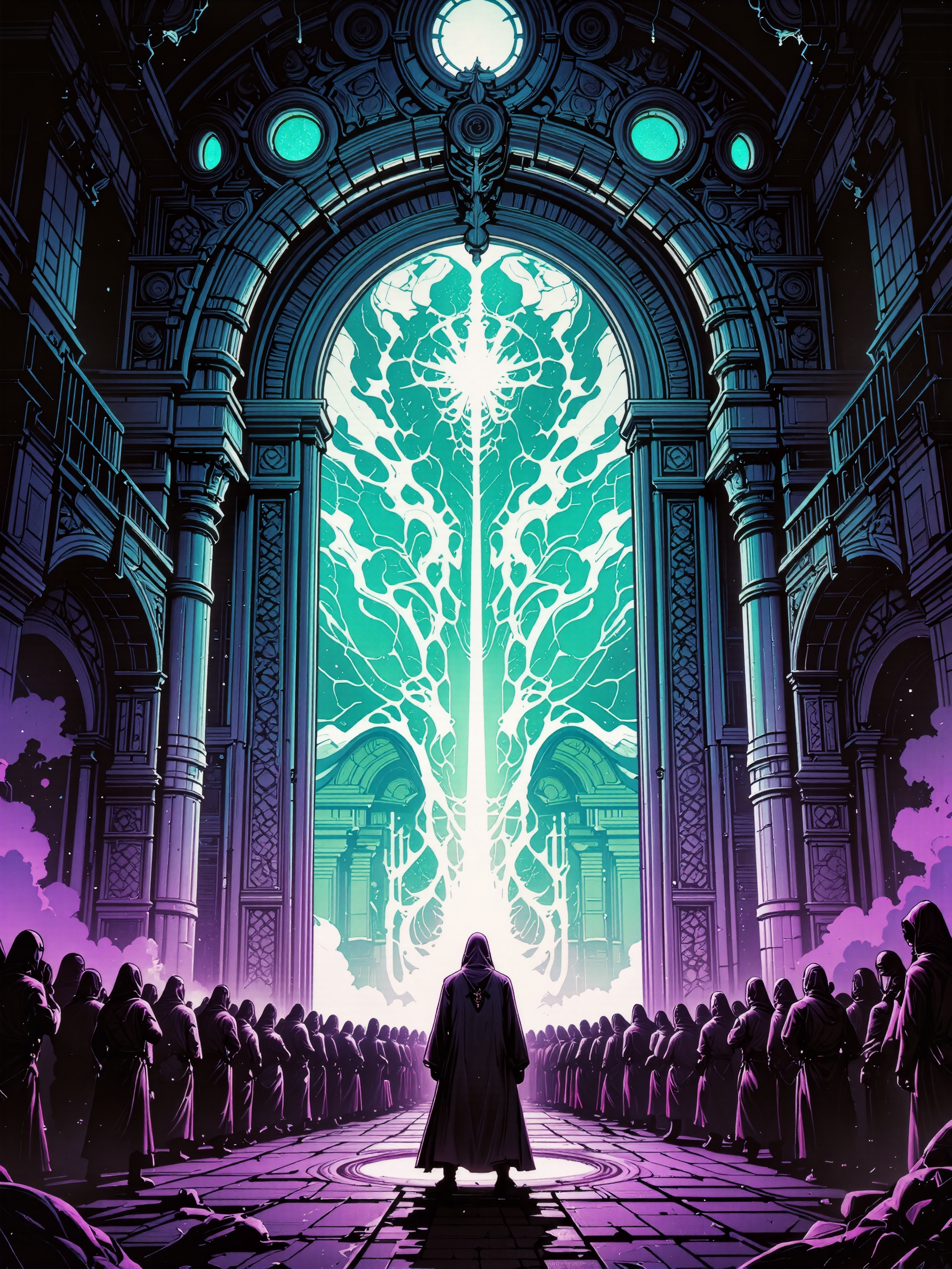 famous fantasy painting of a strange eldritch portal, archway, magic portal, a crowd of hooded robed figures gathers around the mysterious structure, highly aesthetic, high resolution, hyper realistic, 8k, 4k, low angle view, dramatic composition, epic, accurate, at night, dim lighting, beckoning, the children of the night, the spirits of the undead, and the lesser lights, now the time has come to reach out, we must heed their calls, when strange gateways beckon, obsidian black and lavender and ultramarine blue and ebony black and sea green, deadly yet beautiful, ancient temple background with ominous lighting, crawling chaos, eldritch vapors, eldritch glow, ethereal light, lovecraftian, cthulhu mythos, dvr-dm-flux, g0thicl1nes, <lora:style-dan_mumford-flux-by_dever:0.8> <lora:style-mythic_fantasy-gothic_lines-flux-by_velvets:0.88> <lora:style-retro_anime-flux-by_lizardman245:0.24> <lora:epic_gorgeous_details-balance-flux-by_flyway:0.48>