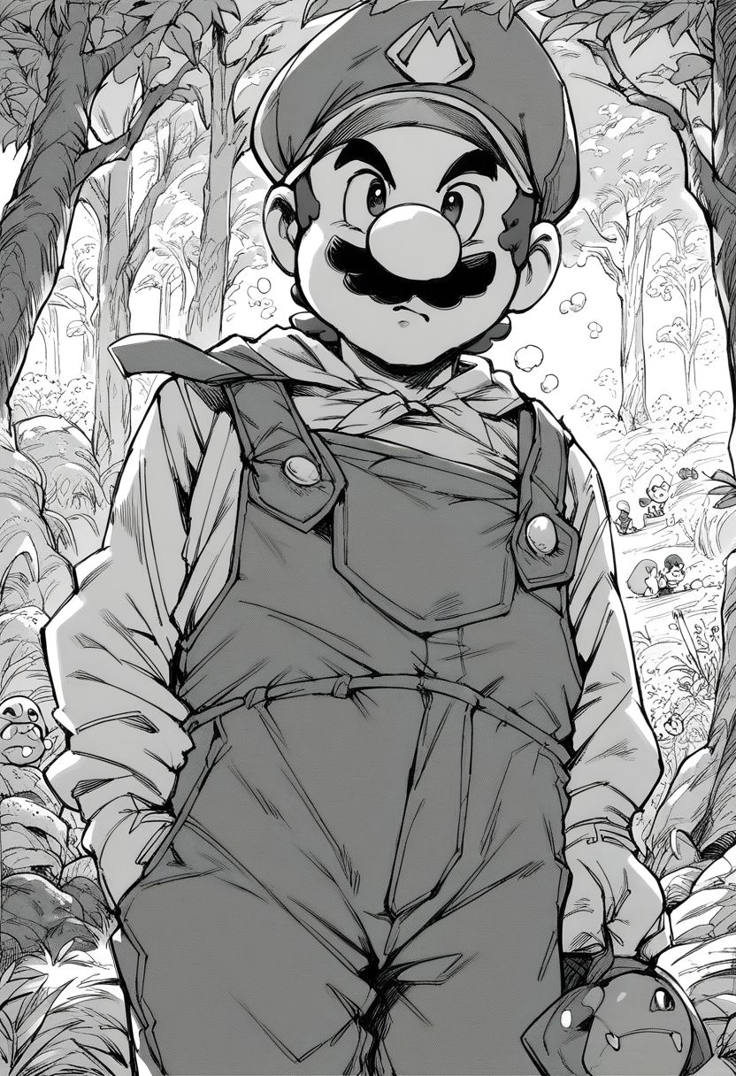 score_7_up, score_8_up, score_7_up, mario, overalls, monochrome, grayscale, forest, cowboy shot