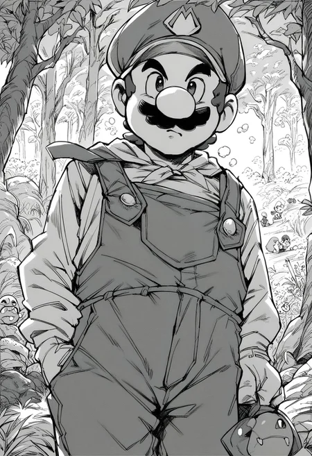 score_7_up, score_8_up, score_7_up, mario, overalls, monochrome, grayscale, forest, cowboy shot