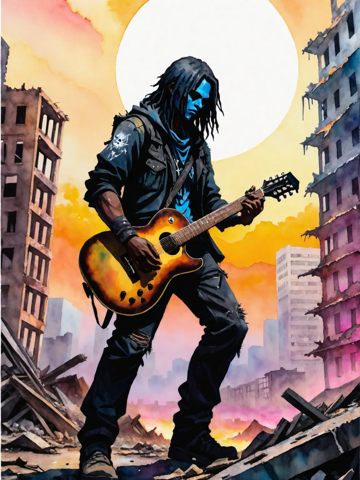 anime artwork A black metal guy plays his guitar on the last day on earth , post-apocalyptic destroyed city background (colorful aquarell ), ((new dawn) . anime style, key visual, vibrant, studio anime, highly detailed