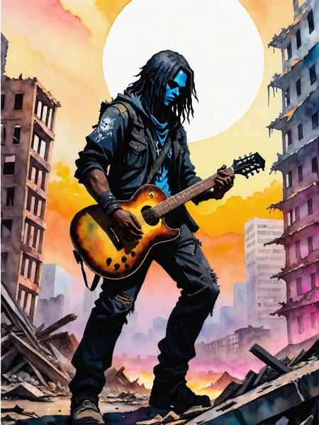 anime artwork A black metal guy plays his guitar on the last day on earth , post-apocalyptic destroyed city background (colorful aquarell ), ((new dawn) . anime style, key visual, vibrant, studio anime, highly detailed