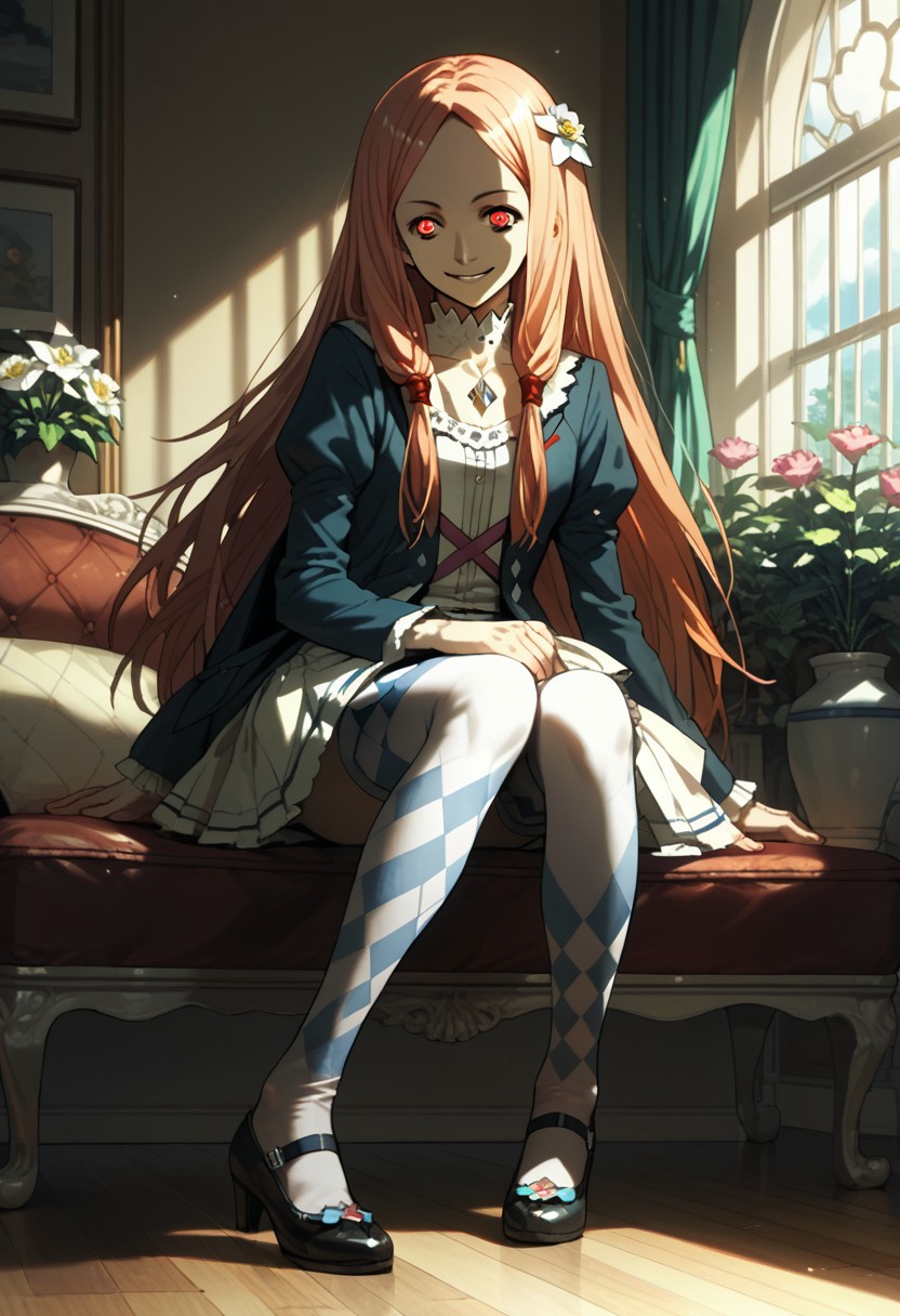 score_9,score_8_up,score_7_up,source_anime, Mana Ouma,1girl,solo,smile,skirt,hair ornament,halfbody,flower,pantyhose,shoes,hair flower,argyle,argyle legwear,