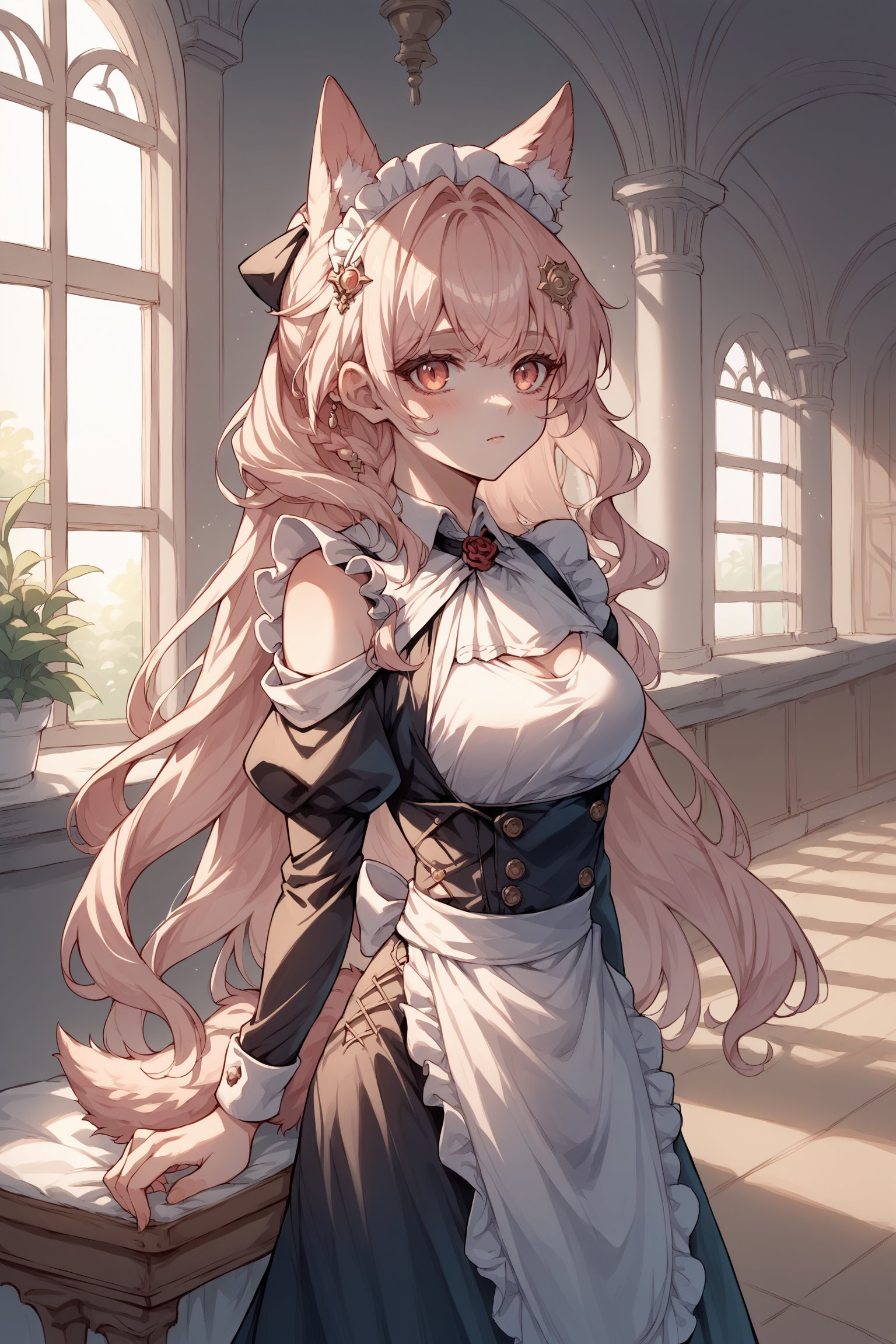 score_9, score_8_up, score_7_up, , rating_sensitive,nsfw,1girl ,pysd, animal ear fluff, side braid, wolf tail,  hair ornament, hair ribbon, collar, white ascot, maid, maid headdress, leaning towards viewer,  source_anime,    <lora:PozyomkaPDCAMEv3 AK:1>, indoors, mansion,