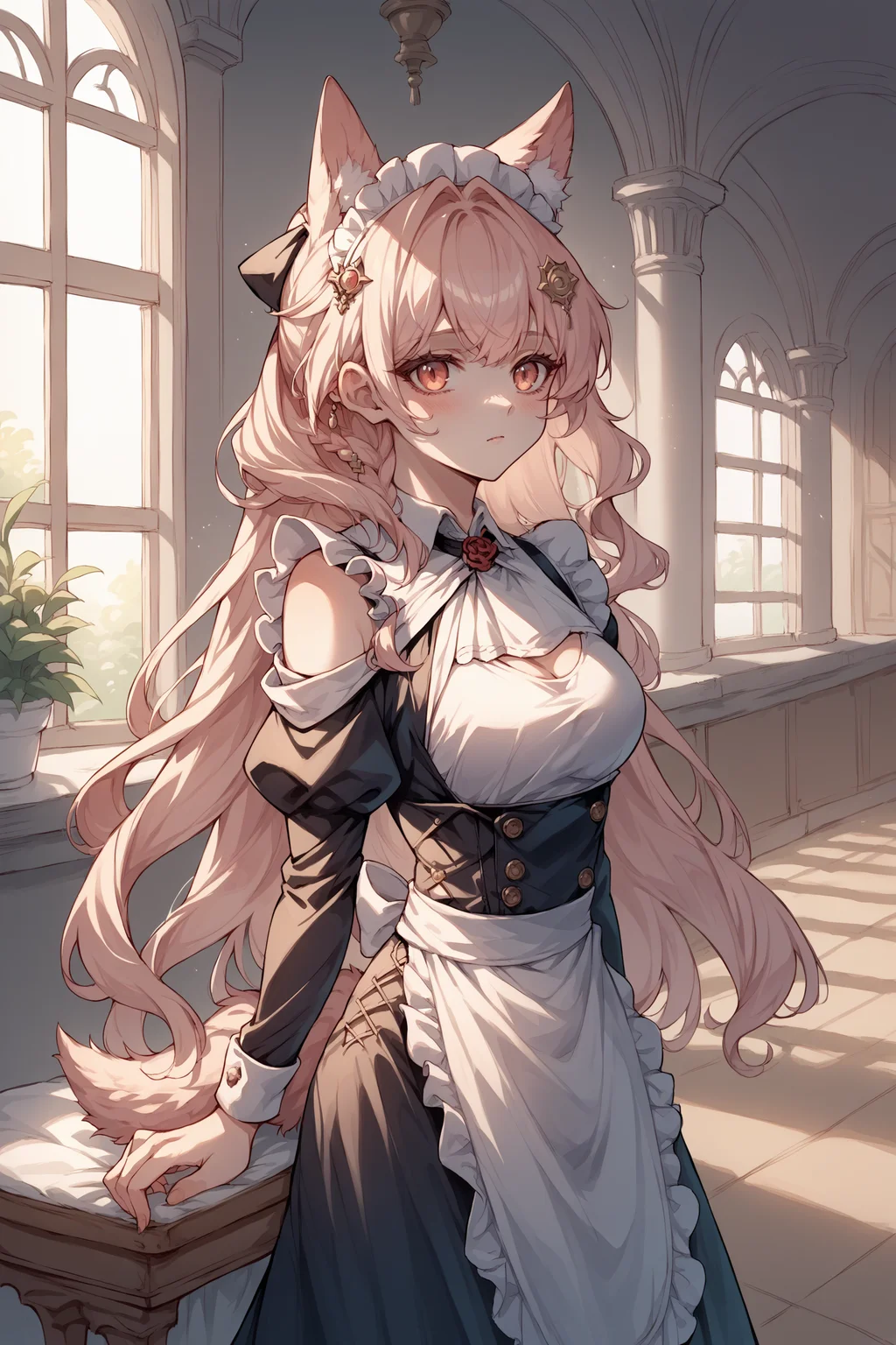 score_9, score_8_up, score_7_up, , rating_sensitive,nsfw,1girl ,pysd, animal ear fluff, side braid, wolf tail, hair ornament, hair ribbon, collar, white ascot, maid, maid headdress, leaning towards viewer, source_anime, <lora:PozyomkaPDCAMEv3 AK:1>, indoors, mansion,