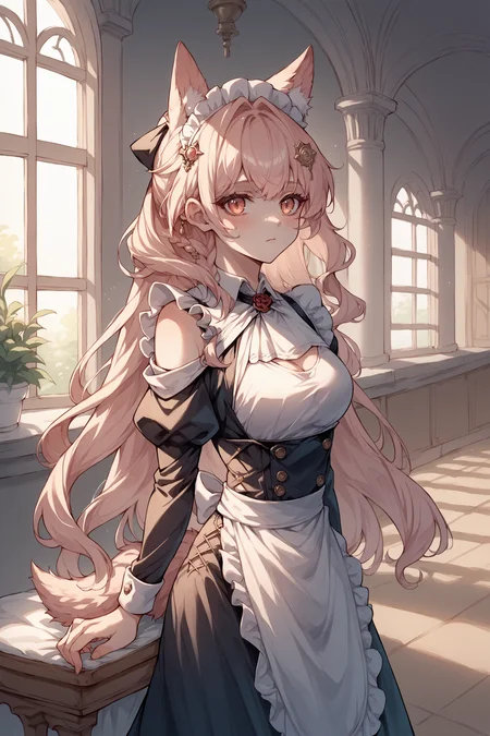 score_9, score_8_up, score_7_up, , rating_sensitive,nsfw,1girl ,pysd, animal ear fluff, side braid, wolf tail,  hair ornament, hair ribbon, collar, white ascot, maid, maid headdress, leaning towards viewer,  source_anime,    <lora:PozyomkaPDCAMEv3 AK:1>, indoors, mansion,