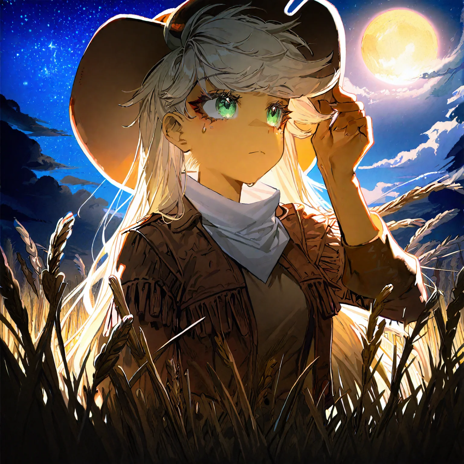 applejack , 1girl, blonde_hair , cloud ,colored_skin, furry, furry_female, long_hair,orange_skin ,outdoors, personification , solo, , wheat_field,Straw ,dot_nose, freckles, green_eyes , medium breast,night, moon, deep night, galaxy,
adjusting_clothes ,adjusting_headwear, cowboy_hat, cowgirl_(western) , hat ,sweat,
rella, rolua, quasarcake:0.8, negative space, very awa,
masterpiece, best quality, Good quality, very aesthetic, absurdres, newest, (Perfect details),
<lora:ponyv5_noobV065S_1_adamW:0.8>, <lora:illustrious_noobai_epsilon_pred_1_best_quality_v1:0.7> ,<lora:illustrious_noobai_epsilon_pred_11_very_aesthetic_v1:0.7> ,<lora:illustrious_noobai_epsilon_pred_1_masterpieces_v1:0.7> , <lora:Straw_thread:1>