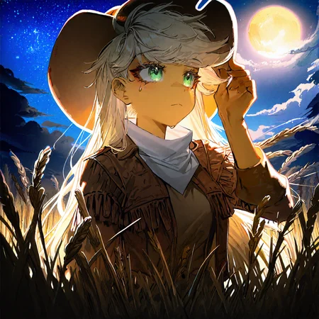 applejack , 1girl, blonde_hair , cloud ,colored_skin, furry, furry_female, long_hair,orange_skin ,outdoors, personification , solo, , wheat_field,Straw ,dot_nose, freckles, green_eyes , medium breast,night, moon,  deep night, galaxy,
adjusting_clothes ,adjusting_headwear, cowboy_hat, cowgirl_(western) , hat ,sweat,
rella, rolua,  quasarcake:0.8, negative space,  very awa,
masterpiece, best quality, Good quality, very aesthetic, absurdres, newest, (Perfect details),
<lora:ponyv5_noobV065S_1_adamW:0.8>, <lora:illustrious_noobai_epsilon_pred_1_best_quality_v1:0.7> ,<lora:illustrious_noobai_epsilon_pred_11_very_aesthetic_v1:0.7> ,<lora:illustrious_noobai_epsilon_pred_1_masterpieces_v1:0.7> , <lora:Straw_thread:1>