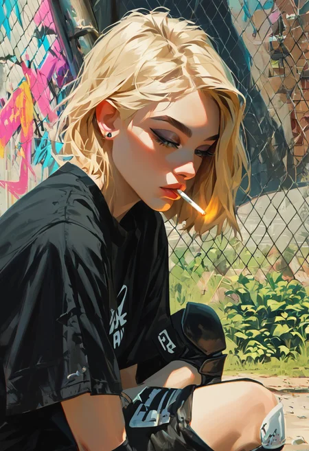 score_9, score_8_up, score_7_up, score_6_up, (((panopticon))). close up, BREAK . polaroid aesthetic, 
teenage girl, medium blonde hair, black shirt with colourful art logo, punk shirt, mid riff ,black shorts, black knee pads, elbow pads, siting on curb, smoking cigarette,
sunny, skate park, graffiti, trash, concrete cracks, grass, shadows,