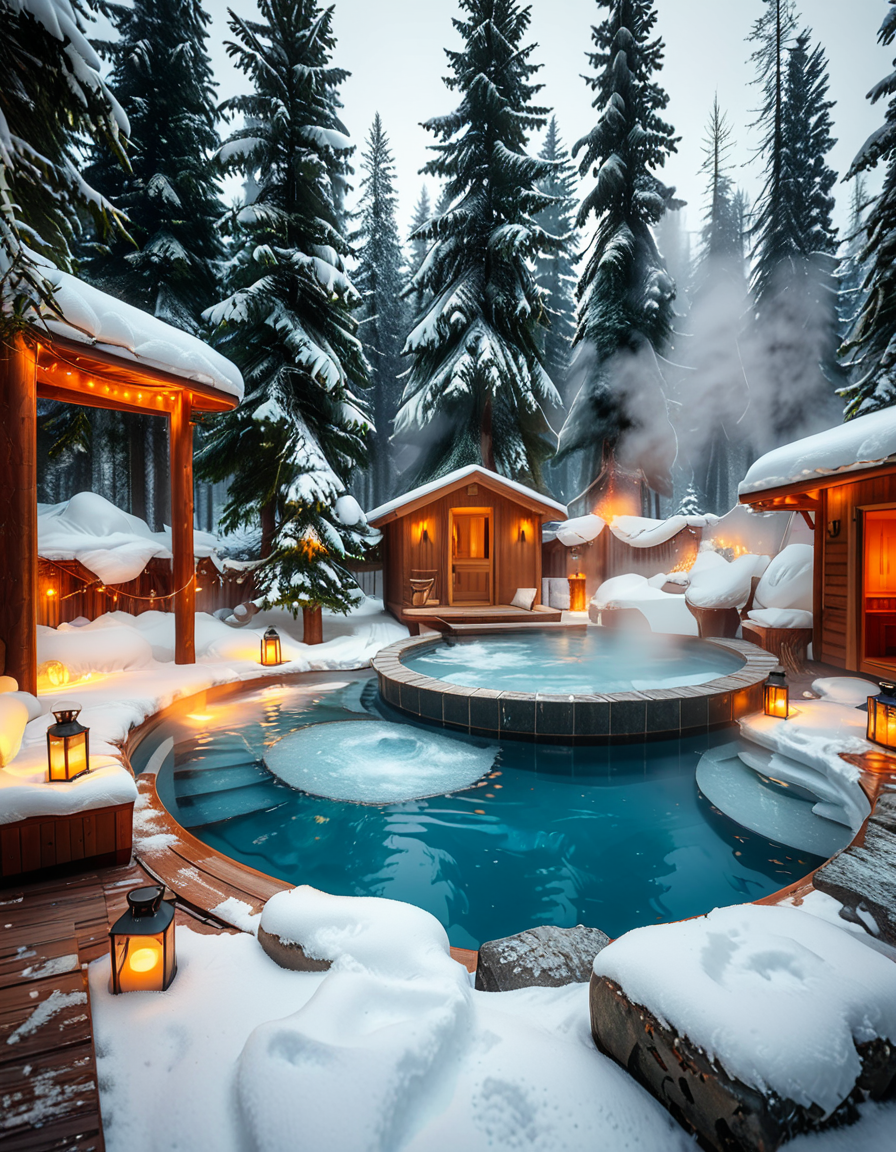 A breathtaking Nordic spa in the heart of a snowy forest, surrounded by tall evergreen trees. The scene captures a steaming outdoor hot pool with crystal-clear water, reflecting the soft glow of ambient lighting. A rustic wooden cabin with a snow-covered roof stands nearby, serving as a relaxation area. Wooden lounge chairs with neatly folded white towels are placed around the pool. A stone pathway, lightly dusted with snow, leads to the water, illuminated by warm, soft lanterns. A few people are seen enjoying the spa, some wrapped in cozy robes while others relax in the steaming water. The atmosphere is serene and tranquil, with mist rising from the hot pool, contrasting with the cold winter air. The lighting is warm and inviting, creating a perfect balance between natural beauty and luxurious comfort.
<lora:SDXLFaeTastic2400:0.4> <lora:extremely_detailed:0.4> extremely detailed, <lora:Nordic_sp4:1>,Nordic sp4, Masterpiece,best quality,hi res,8k,hi res,8k,award winning,(sharp focus, intricate, highly detailed),