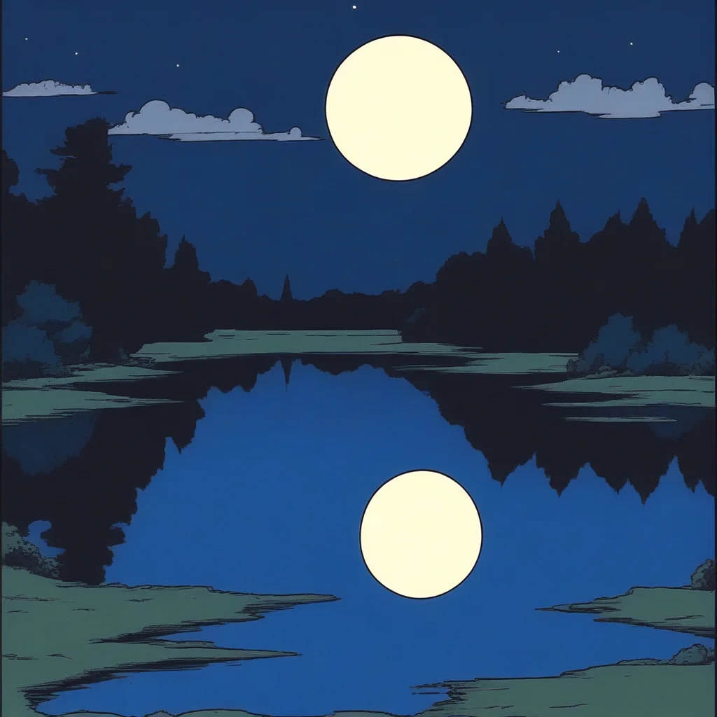 ArsMJStyle, Retro Anime Flat Colors, Stunning Landscape a Moonlit lake