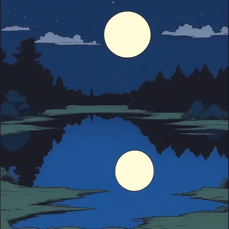 ArsMJStyle, Retro Anime Flat Colors, Stunning Landscape a Moonlit lake