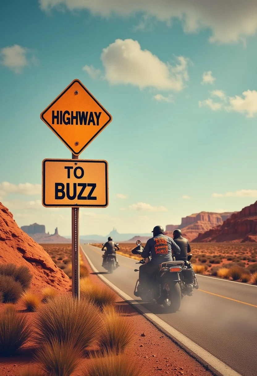 Route, desert, sign near the road with text “Highway to Buzz”, bikers riding away to the horizon, photorealistic