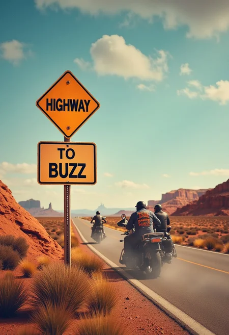 Route, desert, sign near the road with text “Highway to Buzz”, bikers riding away to the horizon, photorealistic