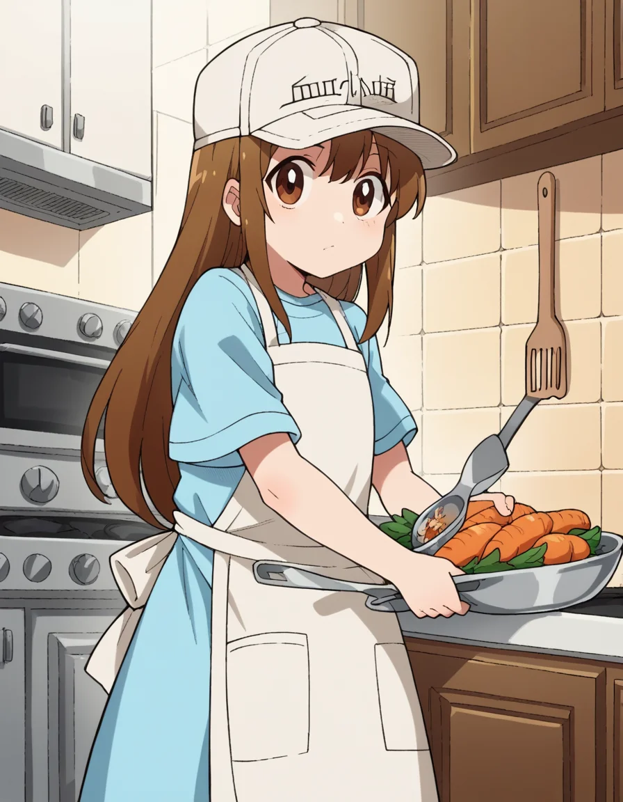score_9, score_8_up, score_7_up, source_anime, <lora:platelet-s1-ponyxl-lora-nochekaiser:1>, platelet, long hair, brown hair, brown eyes,, shirt, hat, short sleeves, boots, white headwear, blue shirt, flat cap,, kitchen, cooking, apron, cutting vegetables, home cooking, , looking at viewer, arm resting on back of chair, solo,, cowboy shot, dutch angle