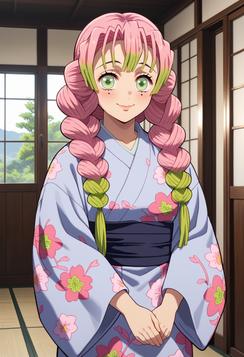 score_9,
<lora:KimetsuNoYaiba_KanrojiMitsuriXL:0.9>, KanrojiMitsuri,
1girl, solo, closed mouth, smile, blush,
multicolored hair, pink hair, green hair, multiple braids, green eyes, lips, mole under each eye,
MitsuriKimono, print kimono, purple kimono, grey sash,
standing, looking at viewer,
indoors, blurry background, photo background, sliding doors