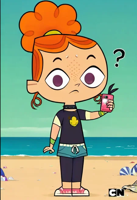 Tota dramarama, izzy, red hair, freckles, at beach, score_8_up, best quality, detailed background 
<lora:villainchin_style_pony6_v2:0.8> 1girl, solo, cute 
Beach, very small breasts, flat chest, short stack, selfie,  swinsuit, , female focus, v, confused, question Mark,