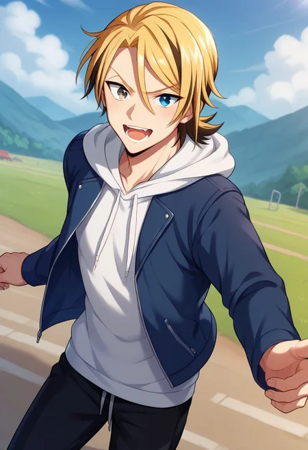 score_9, score_8_up, score_7_up, source_anime, highly detailed,
leonard, 1boy, male focus, blonde hair, solo, hood, hoodie, jacket, open mouth, heterochromia, blue eyes, pants, grey eyes, open clothes,
looking at viewer, multicolored hair, white hoodie, hood down, open jacket, long sleeves, hair between eyes, pointing, black pants, bangs, two-tone hair, drawstring,
outdoor, sky,