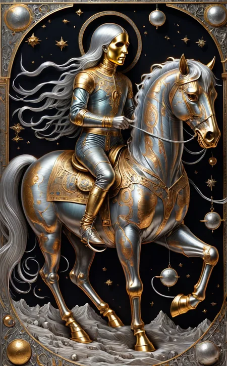 cs-m3tal-400 fantasy, a coloured line drawing of a mature Chilean Tarot Death riding on a pale horse. Their bodies have networks of fine glowing (silver:0.33) veins. Intricate, very detailed