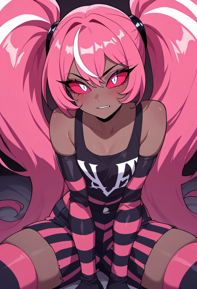 masterpiece, best quality, newest, absurdres, highres, 
1girl, HHOVP-VelV.1.0, pink hair, red sclera, white eyes, slit pupils, twintails, dark-skinned female, dark skin, striped,