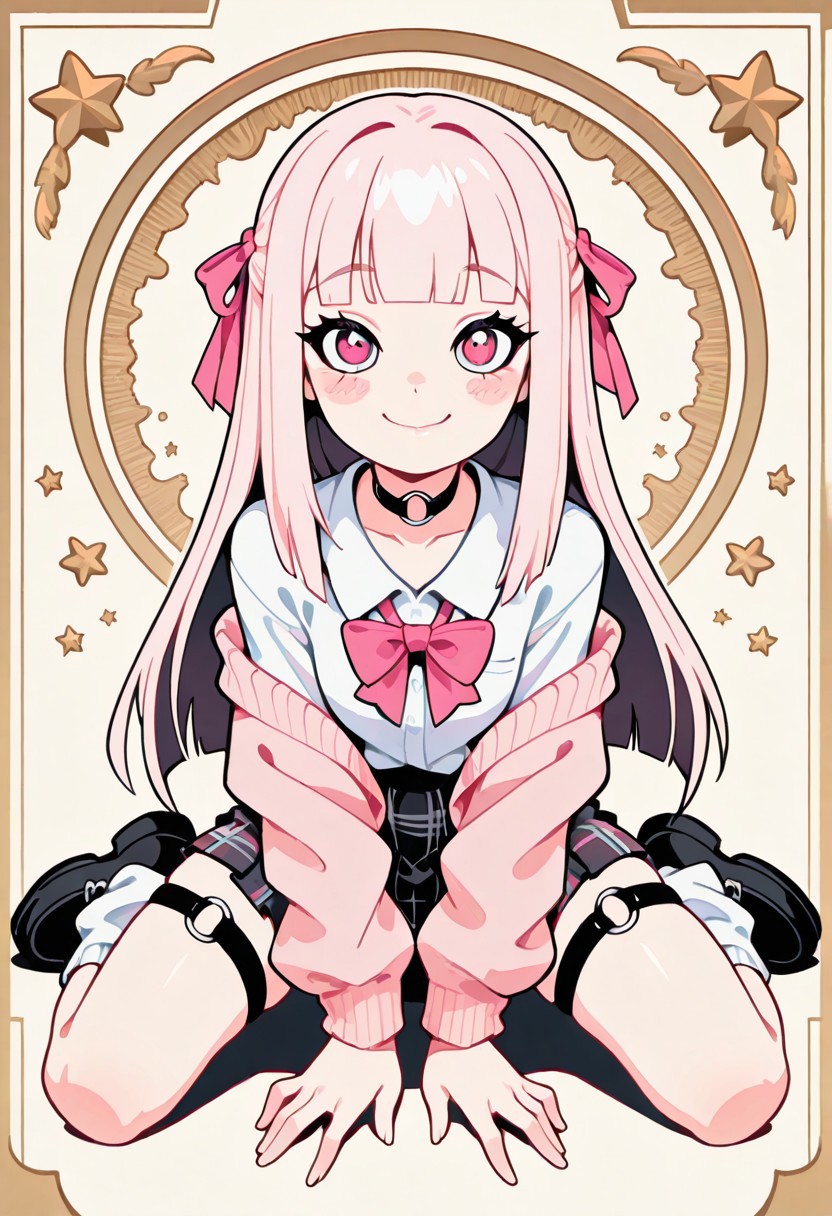 1 girl , solo , blushing , closed mouth , bratty smile , eyelashes , cute , long straight hair , blunt bangs , winking , star , ribbon , hair ribbon , 
slim , slender , 
thigh strap, choker, o-ring choker, pink cardigan, bowtie, white shirt, shirt open, tucked in, plaid skirt, pleated skirt, bare shoulder, white socks, loose socks, black footwear, 
full body view, kneeling, spread legs, leaning forward, 
from front, front view, straight-on, look at viewer, 
masterpiece, best quality ,amazing quality ,S4bit4mago_illu , Protoneon  ,s0wasow4rt_illu, t1m3r